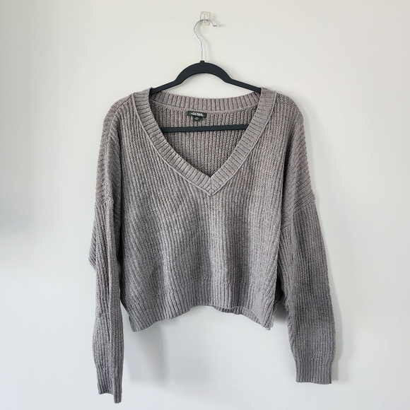 Wild Fable Sweater Womens XXL Gray Ribbed Knit V-Neck Cropped Long Sleeve - Picture 1 of 6